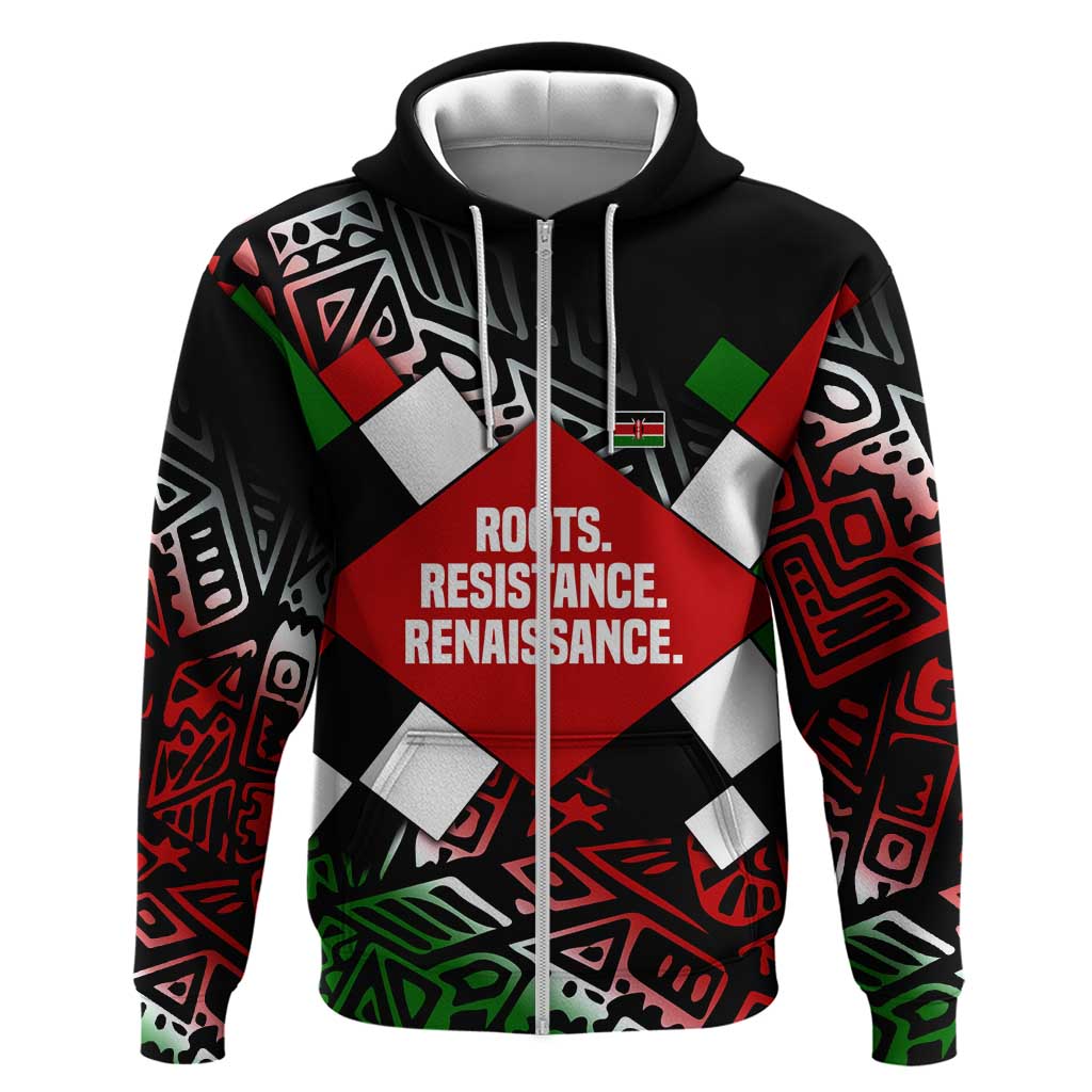 Jomo Kenyatta Zip Hoodie with Roots Resistance Renaissance and Kenyan Patchwork Pattern Tribute - Wonder Print Shop