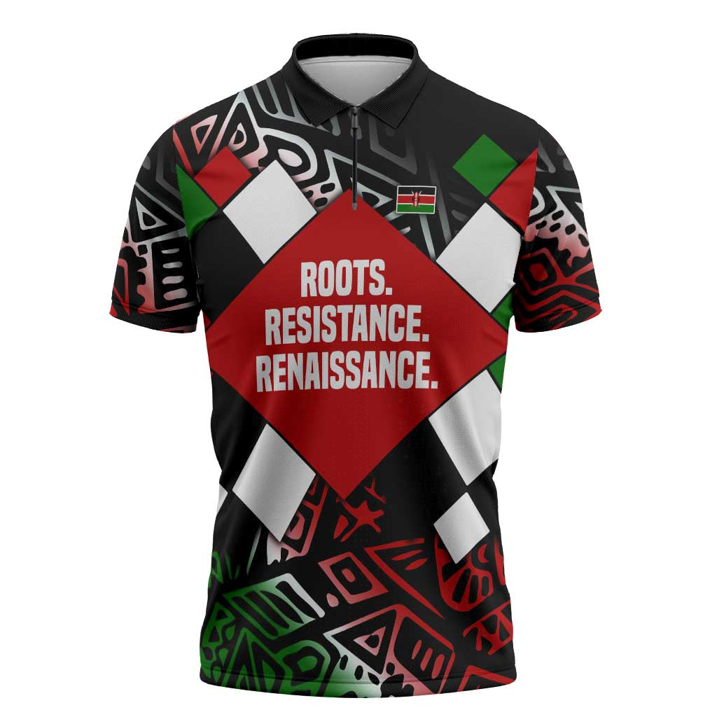 Jomo Kenyatta Zipper Polo Shirt with Roots Resistance Renaissance and Kenyan Patchwork Pattern Tribute - Wonder Print Shop