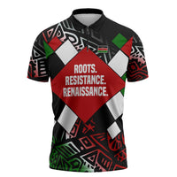 Jomo Kenyatta Zipper Polo Shirt with Roots Resistance Renaissance and Kenyan Patchwork Pattern Tribute - Wonder Print Shop
