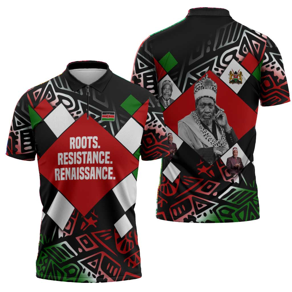 Jomo Kenyatta Zipper Polo Shirt with Roots Resistance Renaissance and Kenyan Patchwork Pattern Tribute - Wonder Print Shop