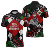 Jomo Kenyatta Zipper Polo Shirt with Roots Resistance Renaissance and Kenyan Patchwork Pattern Tribute - Wonder Print Shop