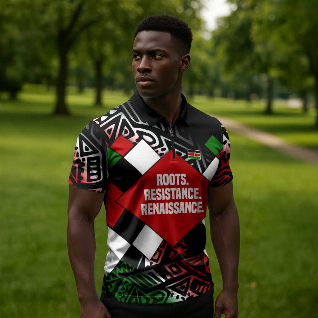 Jomo Kenyatta Zipper Polo Shirt with Roots Resistance Renaissance and Kenyan Patchwork Pattern Tribute - Wonder Print Shop