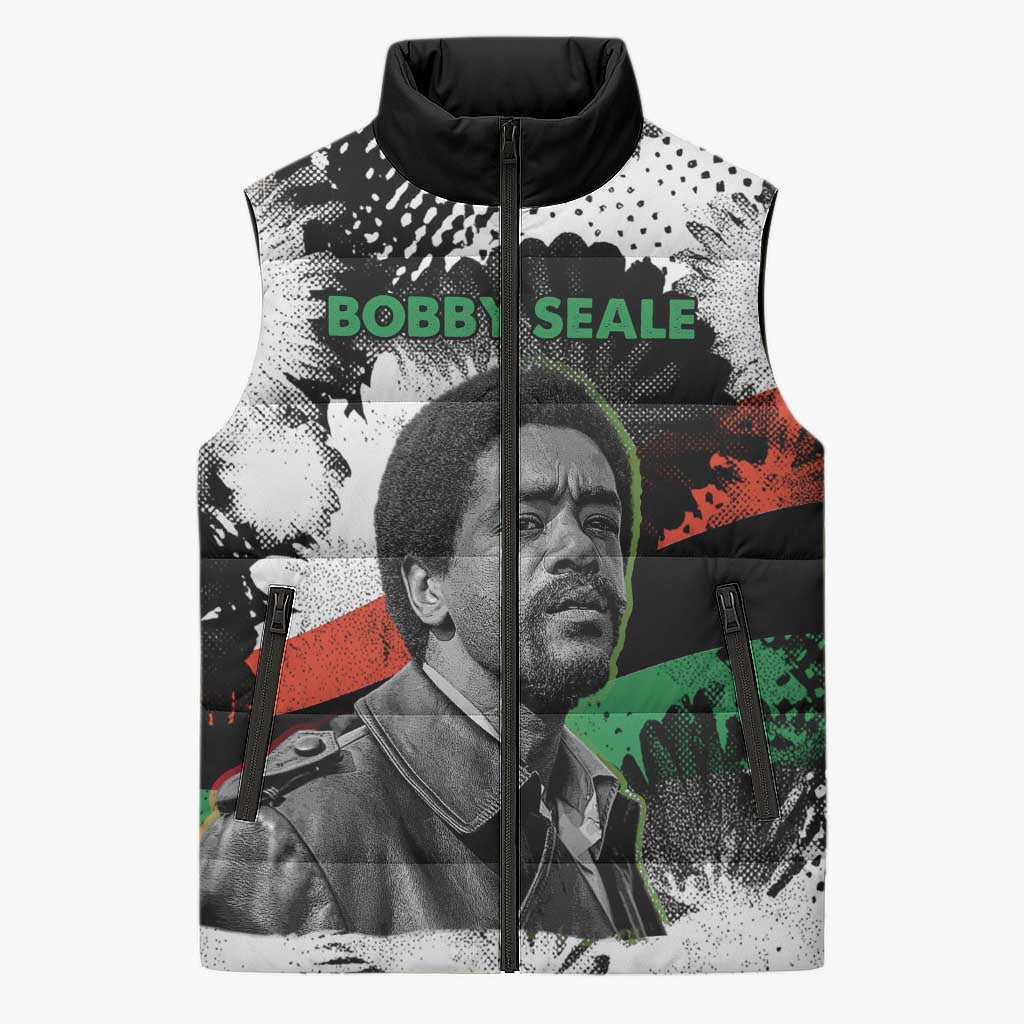 Bobby Seale Sleeveless Puffer Jacket Black Panther Artwork Solidarity Quote Revolutionary Civil Rights Tribute - Wonder Print Shop