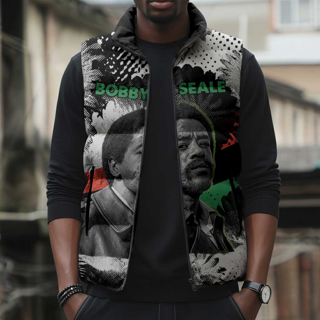 Bobby Seale Sleeveless Puffer Jacket Black Panther Artwork Solidarity Quote Revolutionary Civil Rights Tribute - Wonder Print Shop
