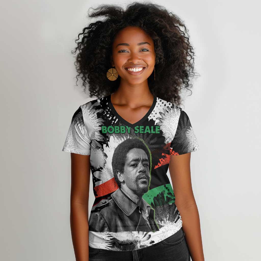 Bobby Seale Women V-Neck T-Shirt Black Panther Artwork Solidarity Quote Revolutionary Civil Rights Tribute - Wonder Print Shop