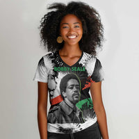 Bobby Seale Women V-Neck T-Shirt Black Panther Artwork Solidarity Quote Revolutionary Civil Rights Tribute - Wonder Print Shop