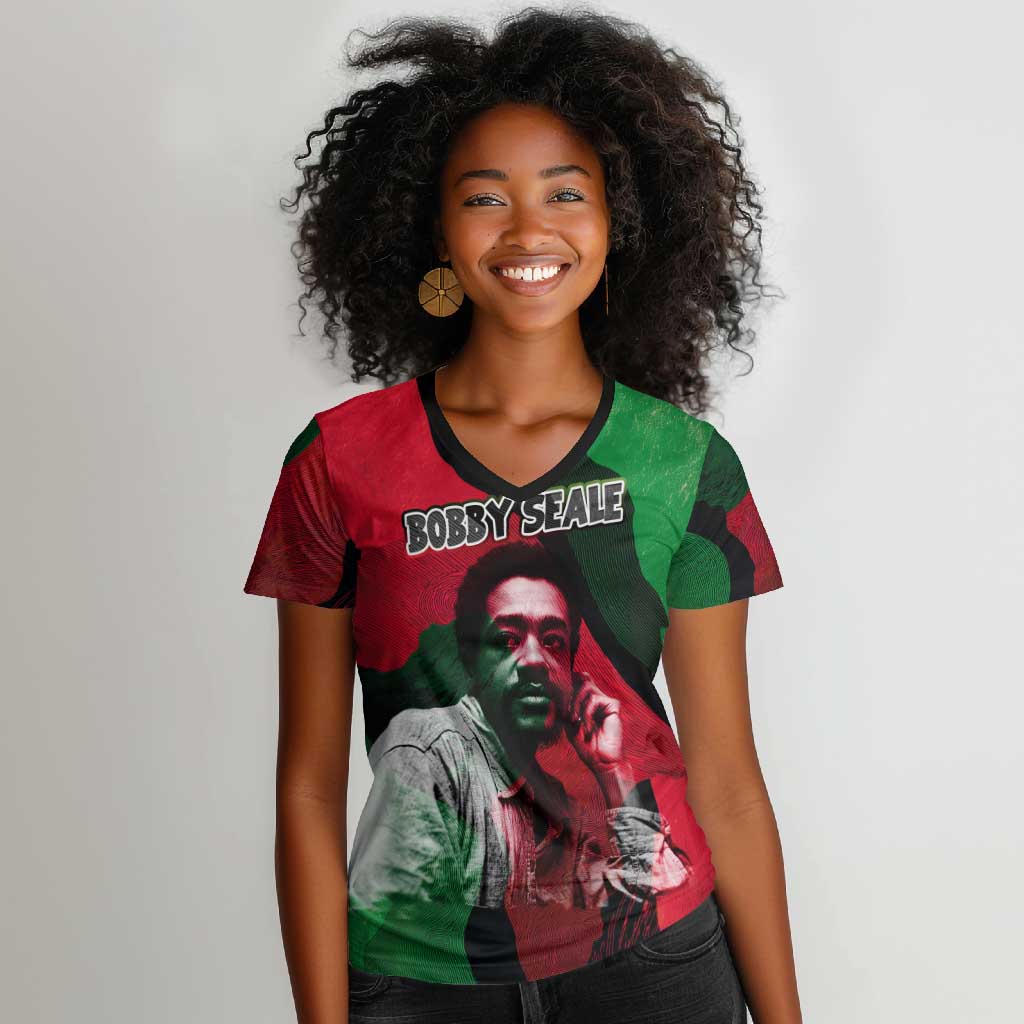 Bobby Seale Women V-Neck T-Shirt Black Panther Logo Revolutionary Civil Rights Movement Tribute - Wonder Print Shop
