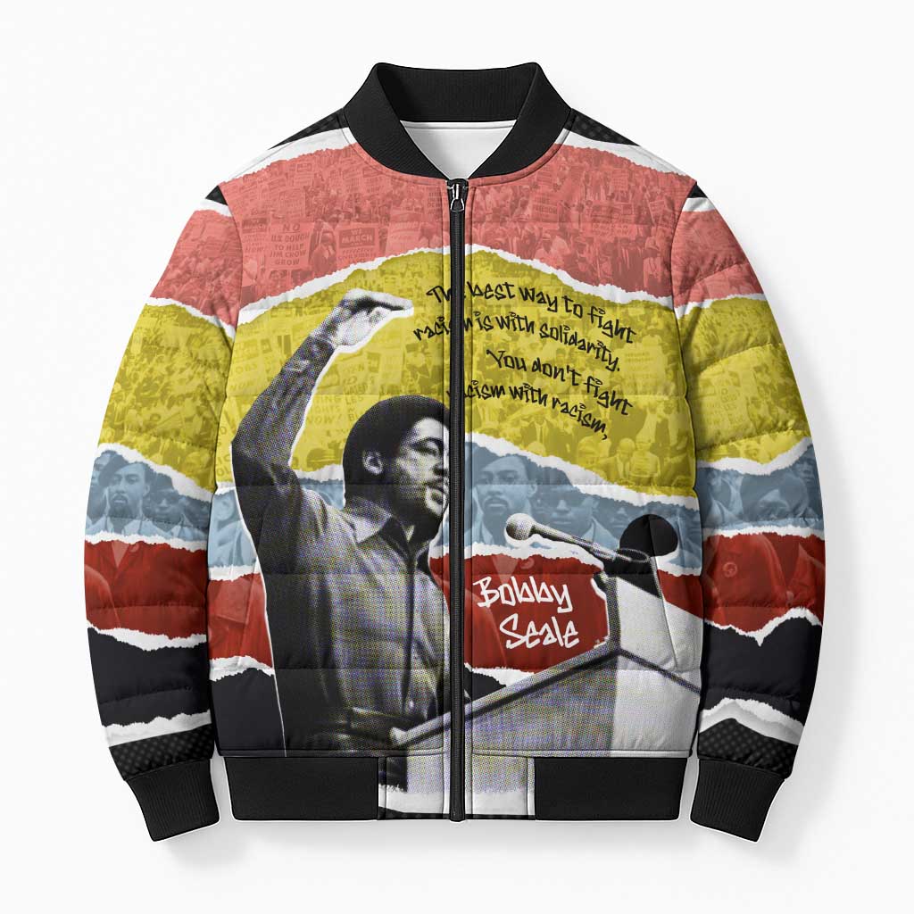 Bobby Seale Bomber Puffer Jacket Torn Paper Collage Design Solidarity Quote Powerful Speech Artwork Civil Rights - Wonder Print Shop