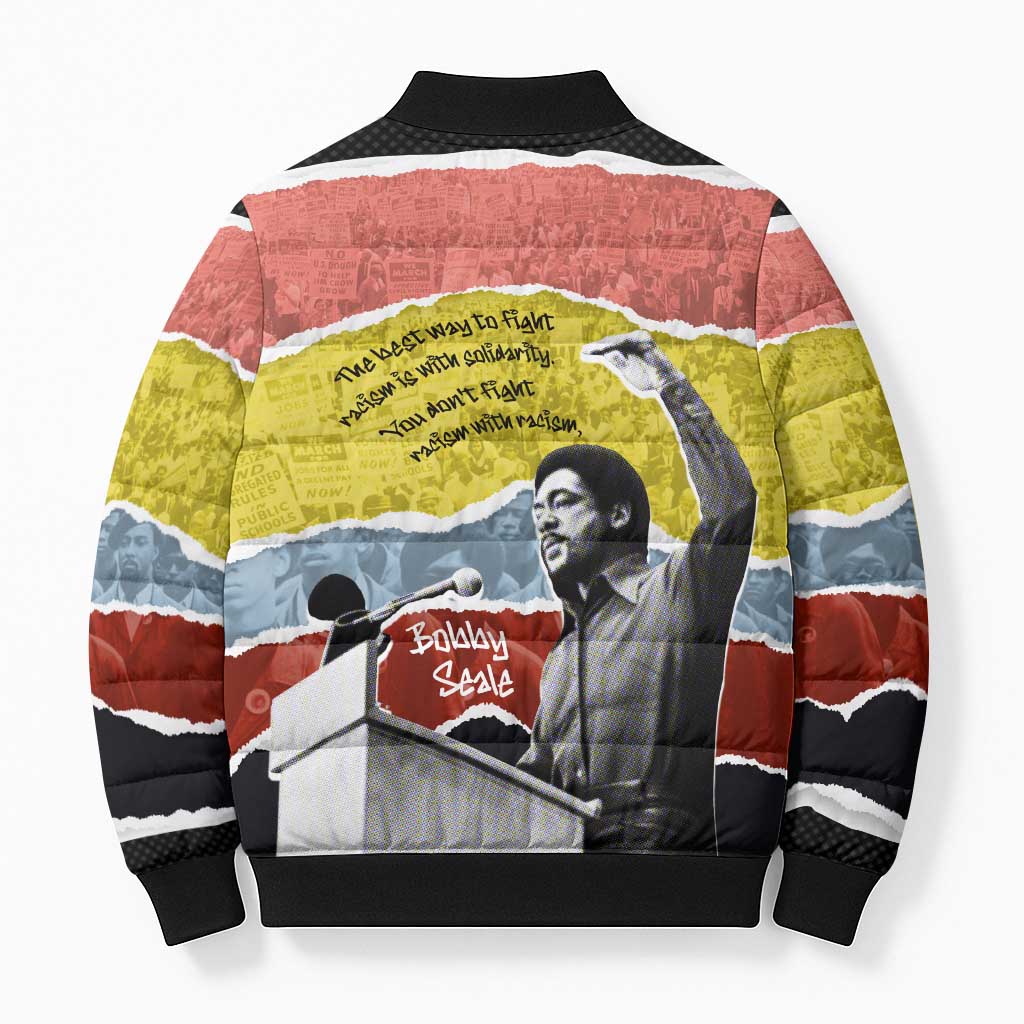 Bobby Seale Bomber Puffer Jacket Torn Paper Collage Design Solidarity Quote Powerful Speech Artwork Civil Rights - Wonder Print Shop