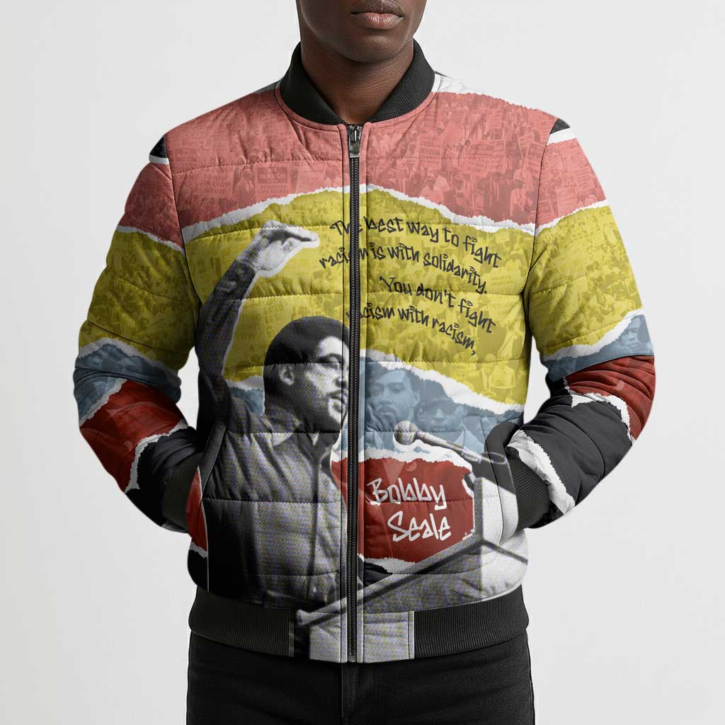 Bobby Seale Bomber Puffer Jacket Torn Paper Collage Design Solidarity Quote Powerful Speech Artwork Civil Rights - Wonder Print Shop