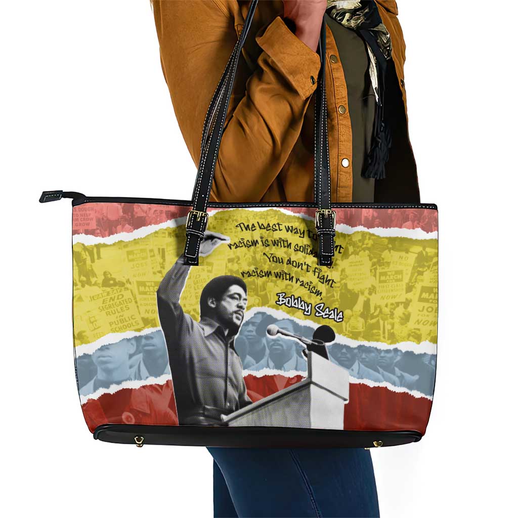 Bobby Seale Leather Tote Bag Torn Paper Collage Design Solidarity Quote Powerful Speech Artwork Civil Rights - Wonder Print Shop