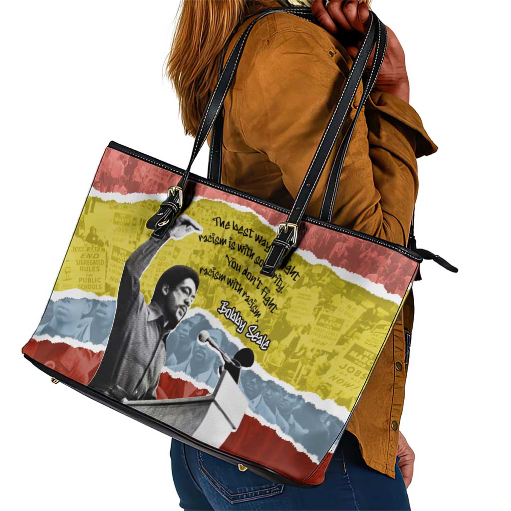 Bobby Seale Leather Tote Bag Torn Paper Collage Design Solidarity Quote Powerful Speech Artwork Civil Rights - Wonder Print Shop