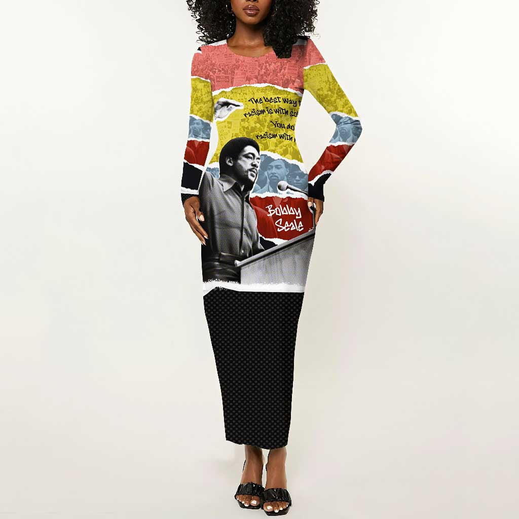 Bobby Seale Long Sleeve Bodycon Dress Torn Paper Collage Design Solidarity Quote Powerful Speech Artwork Civil Rights - Wonder Print Shop