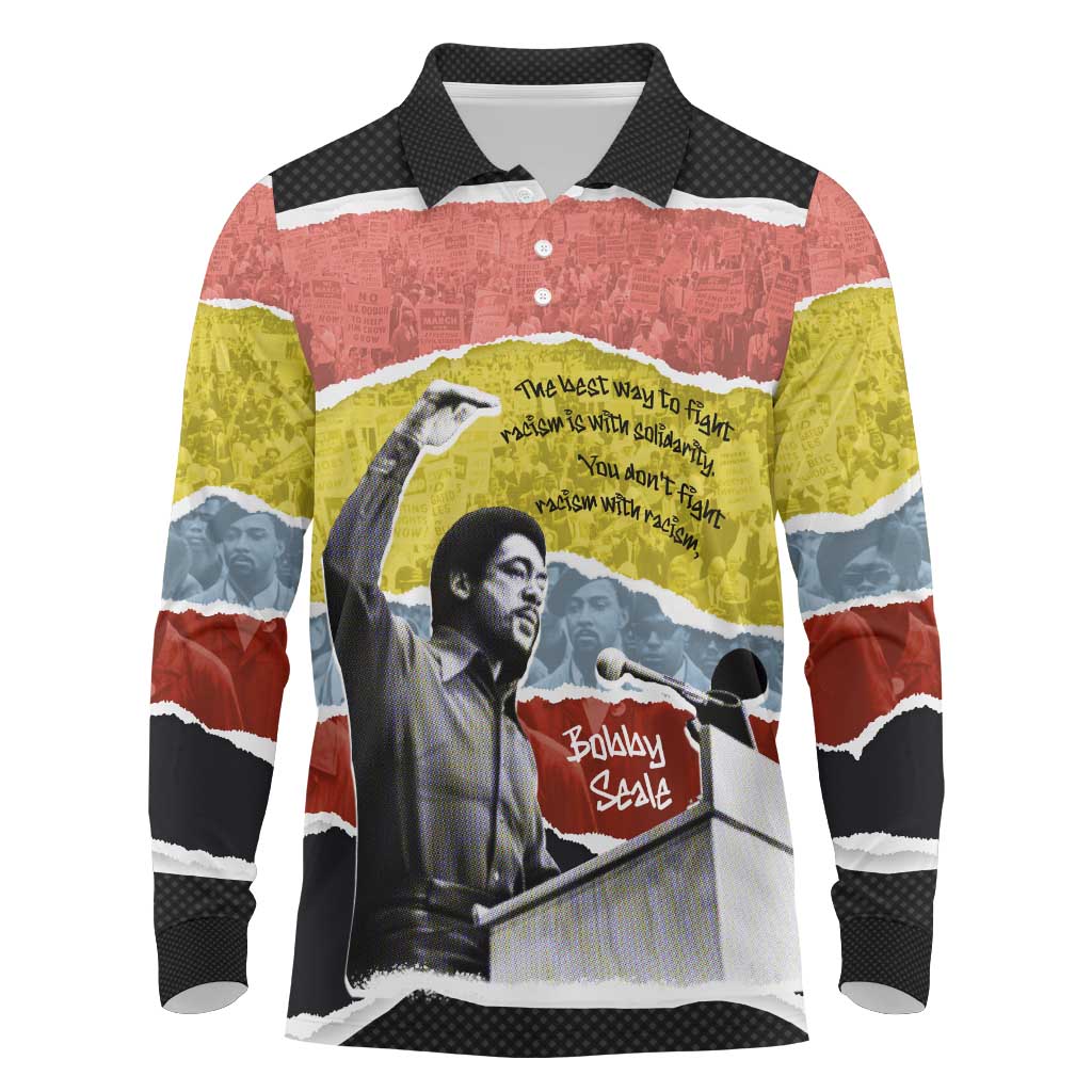 Bobby Seale Long Sleeve Polo Shirt Torn Paper Collage Design Solidarity Quote Powerful Speech Artwork Civil Rights - Wonder Print Shop