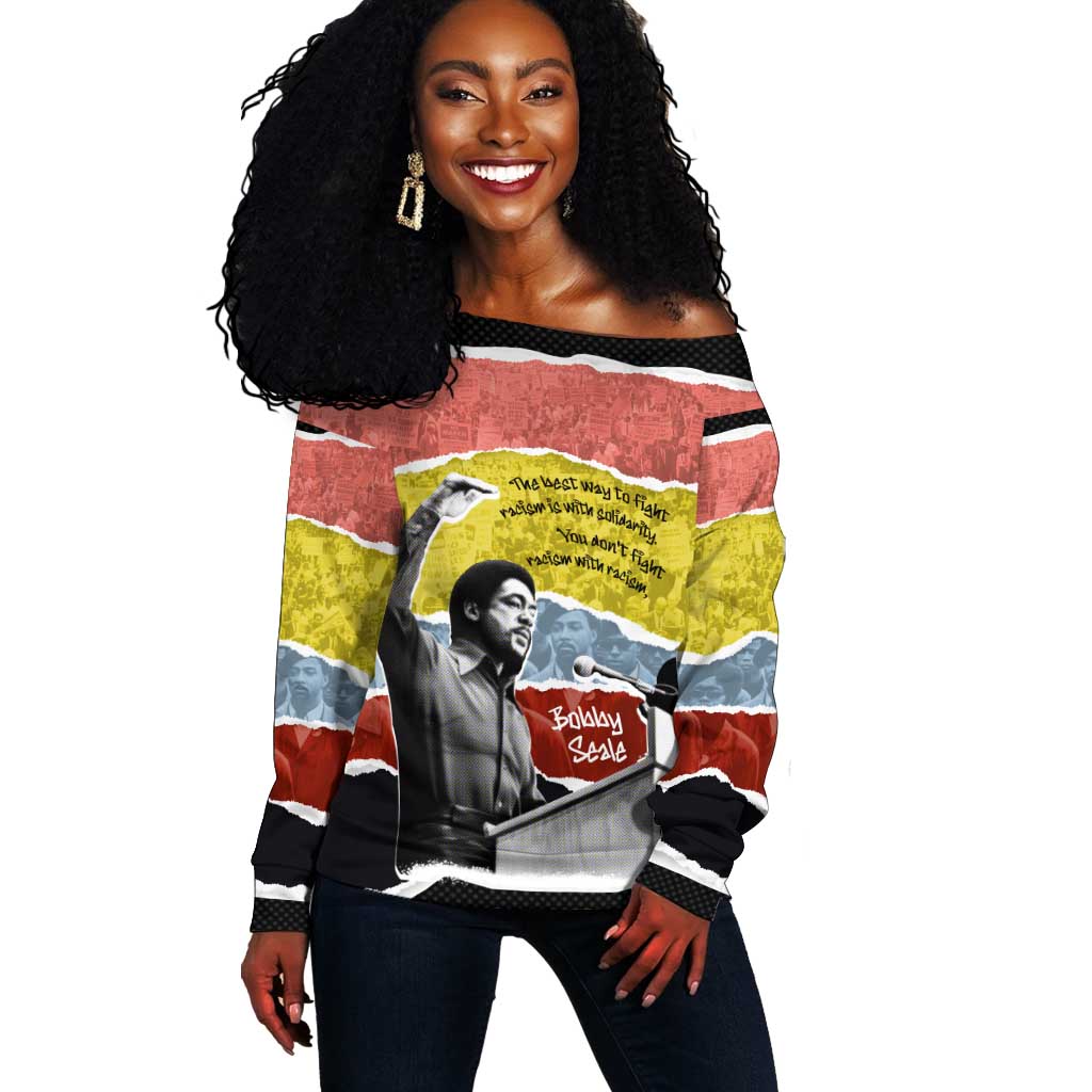 Bobby Seale Off Shoulder Sweater Torn Paper Collage Design Solidarity Quote Powerful Speech Artwork Civil Rights - Wonder Print Shop