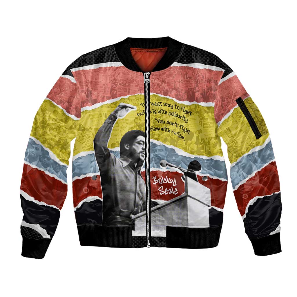 Bobby Seale Sleeve Zip Bomber Jacket Torn Paper Collage Design Solidarity Quote Powerful Speech Artwork Civil Rights - Wonder Print Shop
