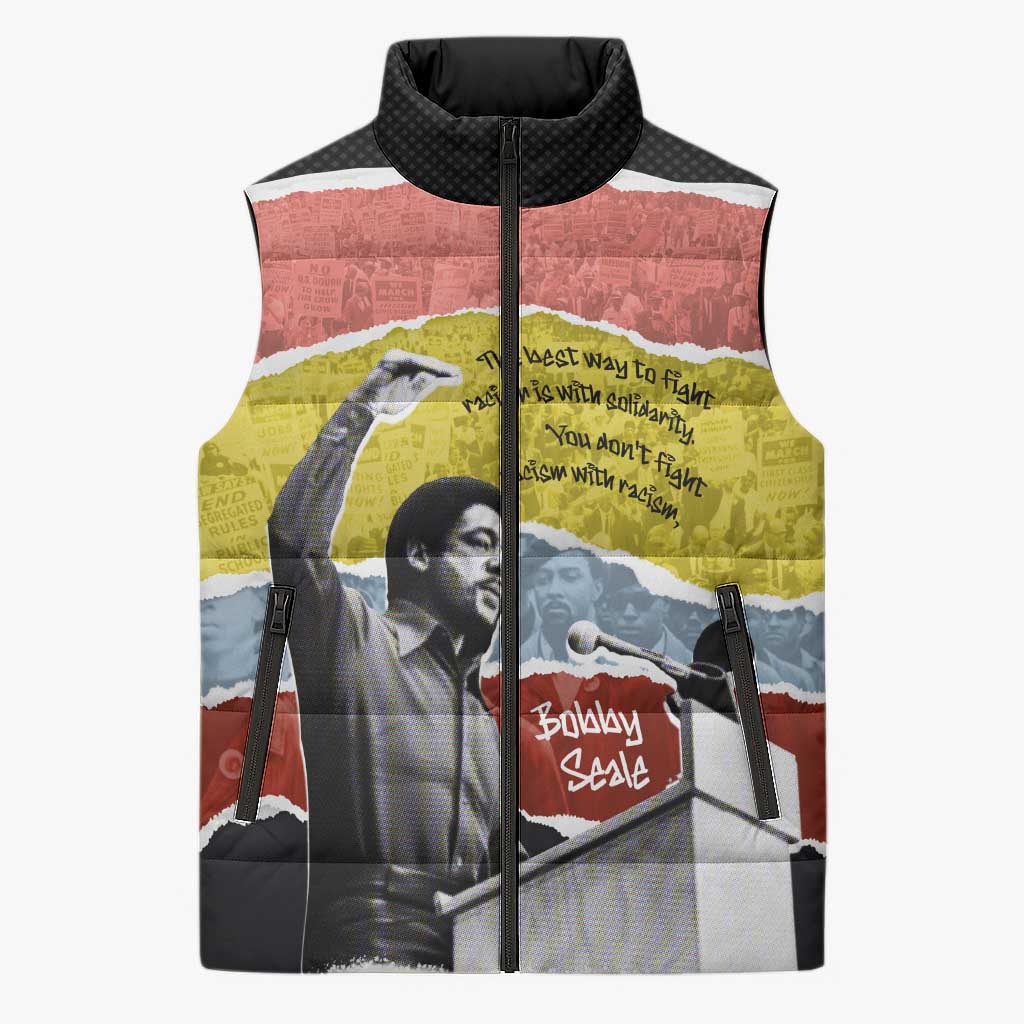Bobby Seale Sleeveless Puffer Jacket Torn Paper Collage Design Solidarity Quote Powerful Speech Artwork Civil Rights - Wonder Print Shop
