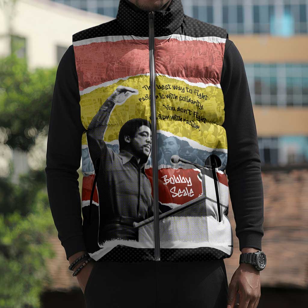 Bobby Seale Sleeveless Puffer Jacket Torn Paper Collage Design Solidarity Quote Powerful Speech Artwork Civil Rights - Wonder Print Shop