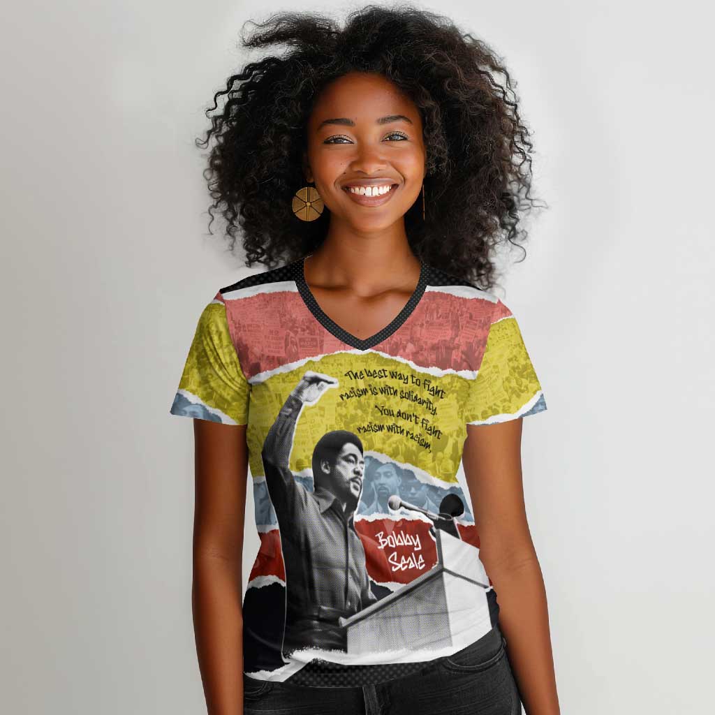 Bobby Seale Women V-Neck T-Shirt Torn Paper Collage Design Solidarity Quote Powerful Speech Artwork Civil Rights - Wonder Print Shop