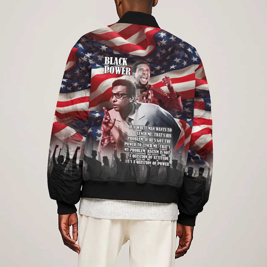 Stokely Carmichael Bomber Jacket American Flag Background Black Power Quote Civil Rights Leader Powerful Speech - Wonder Print Shop