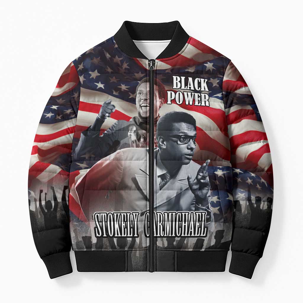 Stokely Carmichael Bomber Puffer Jacket American Flag Background Black Power Quote Civil Rights Leader Powerful Speech - Wonder Print Shop