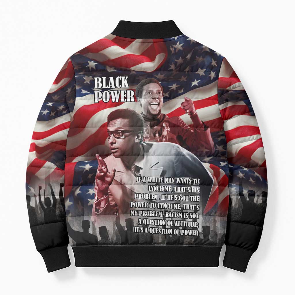 Stokely Carmichael Bomber Puffer Jacket American Flag Background Black Power Quote Civil Rights Leader Powerful Speech - Wonder Print Shop