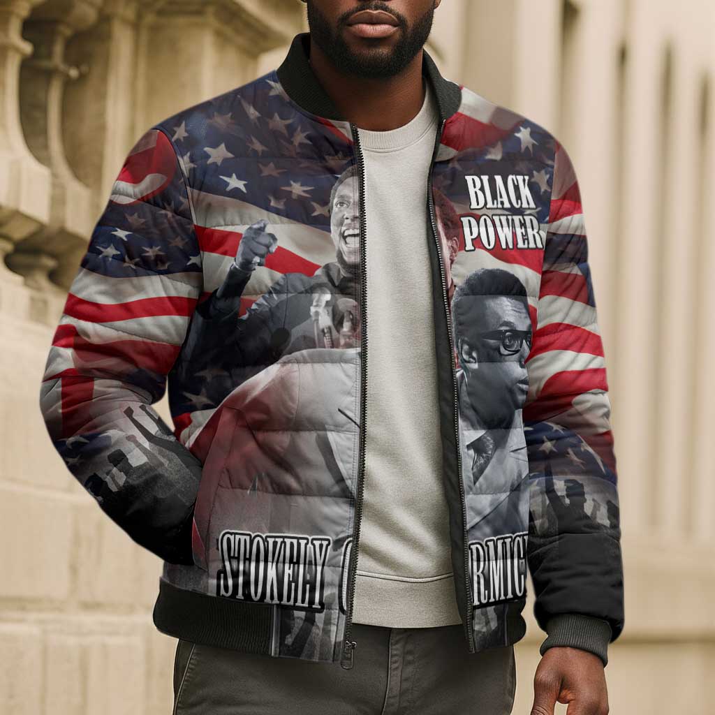 Stokely Carmichael Bomber Puffer Jacket American Flag Background Black Power Quote Civil Rights Leader Powerful Speech - Wonder Print Shop