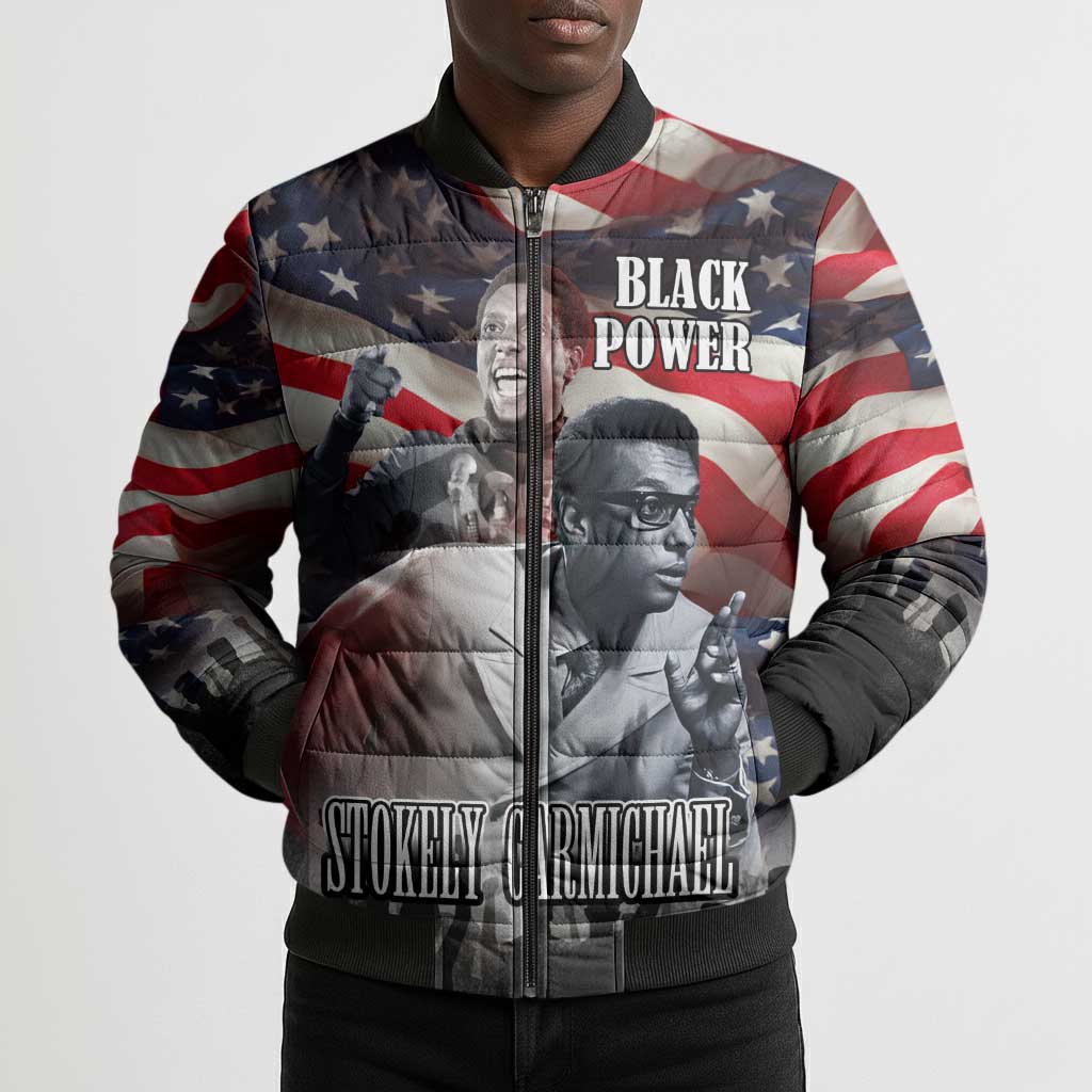 Stokely Carmichael Bomber Puffer Jacket American Flag Background Black Power Quote Civil Rights Leader Powerful Speech - Wonder Print Shop