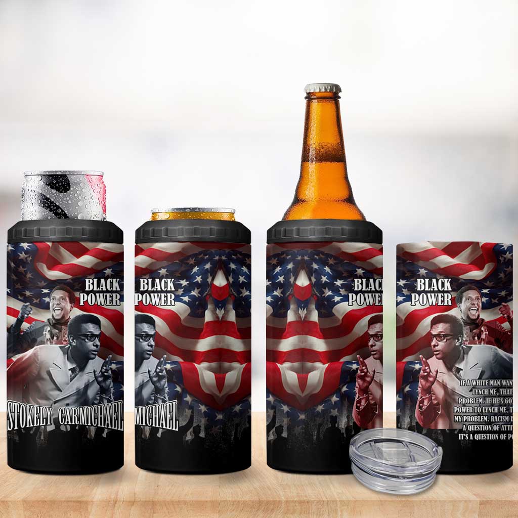 Stokely Carmichael 4 in 1 Can Cooler Tumbler American Flag Background Black Power Quote Civil Rights Leader Powerful Speech - Wonder Print Shop