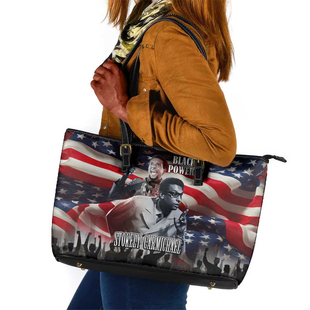 Stokely Carmichael Leather Tote Bag American Flag Background Black Power Quote Civil Rights Leader Powerful Speech - Wonder Print Shop