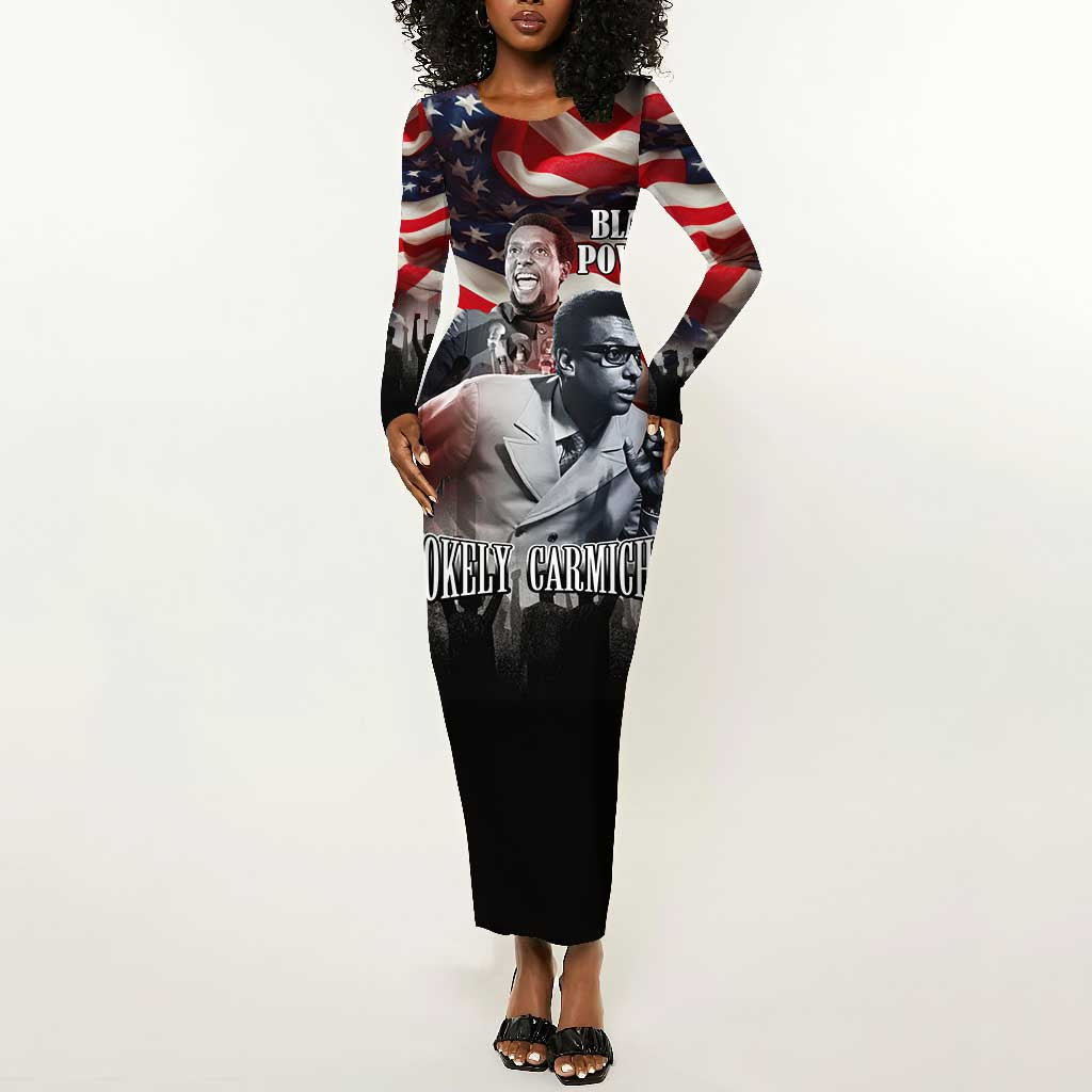 Stokely Carmichael Long Sleeve Bodycon Dress American Flag Background Black Power Quote Civil Rights Leader Powerful Speech - Wonder Print Shop