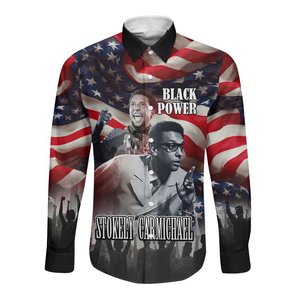 Stokely Carmichael Long Sleeve Button Shirt American Flag Background Black Power Quote Civil Rights Leader Powerful Speech - Wonder Print Shop