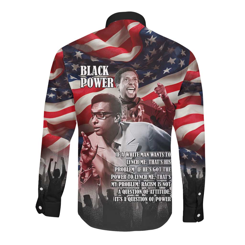 Stokely Carmichael Long Sleeve Button Shirt American Flag Background Black Power Quote Civil Rights Leader Powerful Speech - Wonder Print Shop
