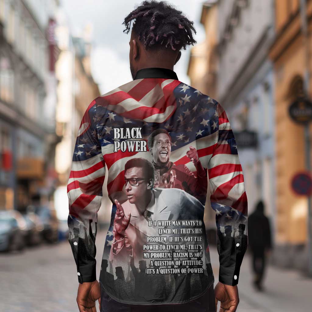 Stokely Carmichael Long Sleeve Button Shirt American Flag Background Black Power Quote Civil Rights Leader Powerful Speech - Wonder Print Shop