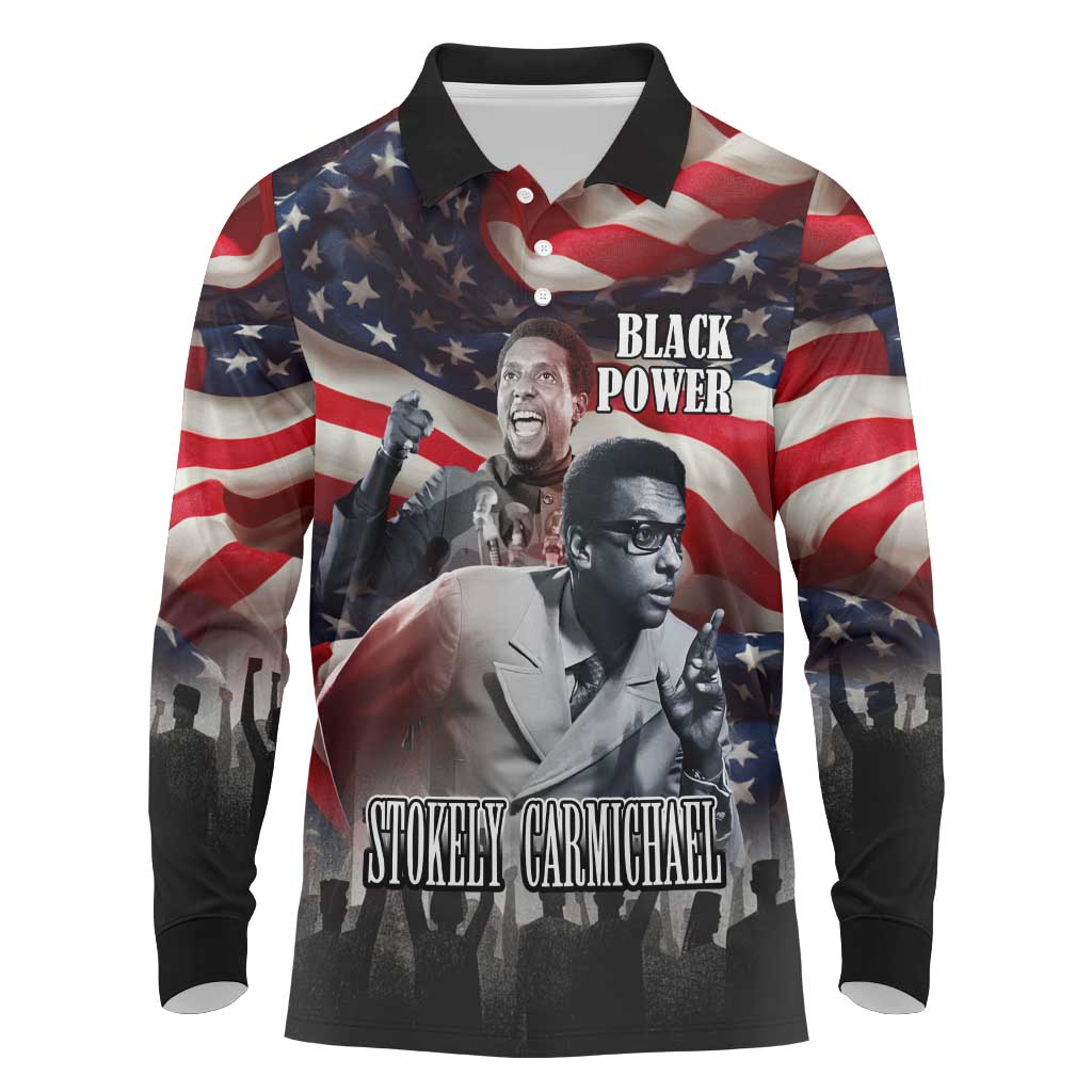 Stokely Carmichael Long Sleeve Polo Shirt American Flag Background Black Power Quote Civil Rights Leader Powerful Speech - Wonder Print Shop