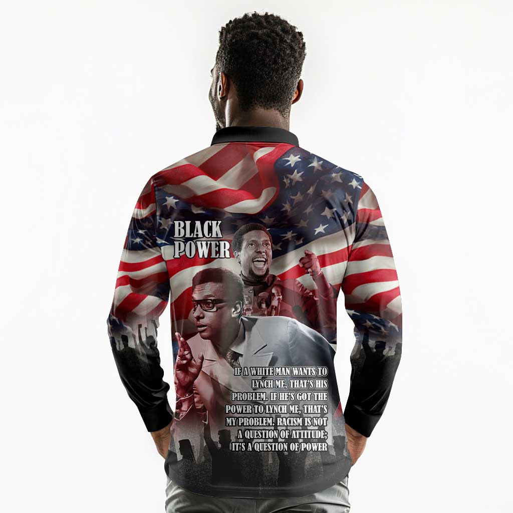 Stokely Carmichael Long Sleeve Polo Shirt American Flag Background Black Power Quote Civil Rights Leader Powerful Speech - Wonder Print Shop