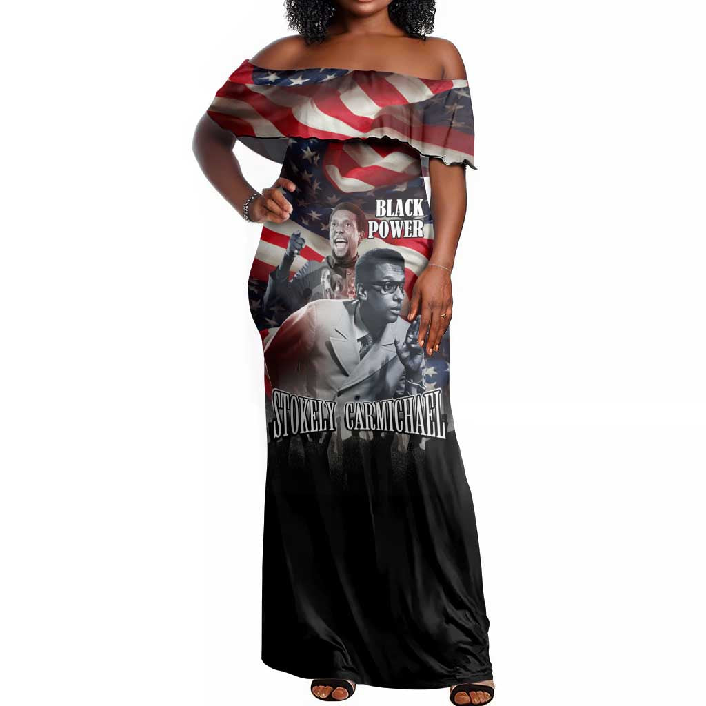 Stokely Carmichael Off Shoulder Maxi Dress American Flag Background Black Power Quote Civil Rights Leader Powerful Speech - Wonder Print Shop