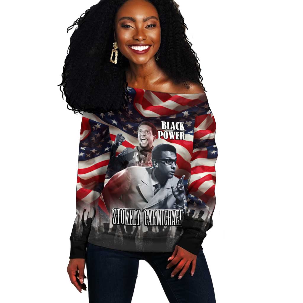 Stokely Carmichael Off Shoulder Sweater American Flag Background Black Power Quote Civil Rights Leader Powerful Speech - Wonder Print Shop