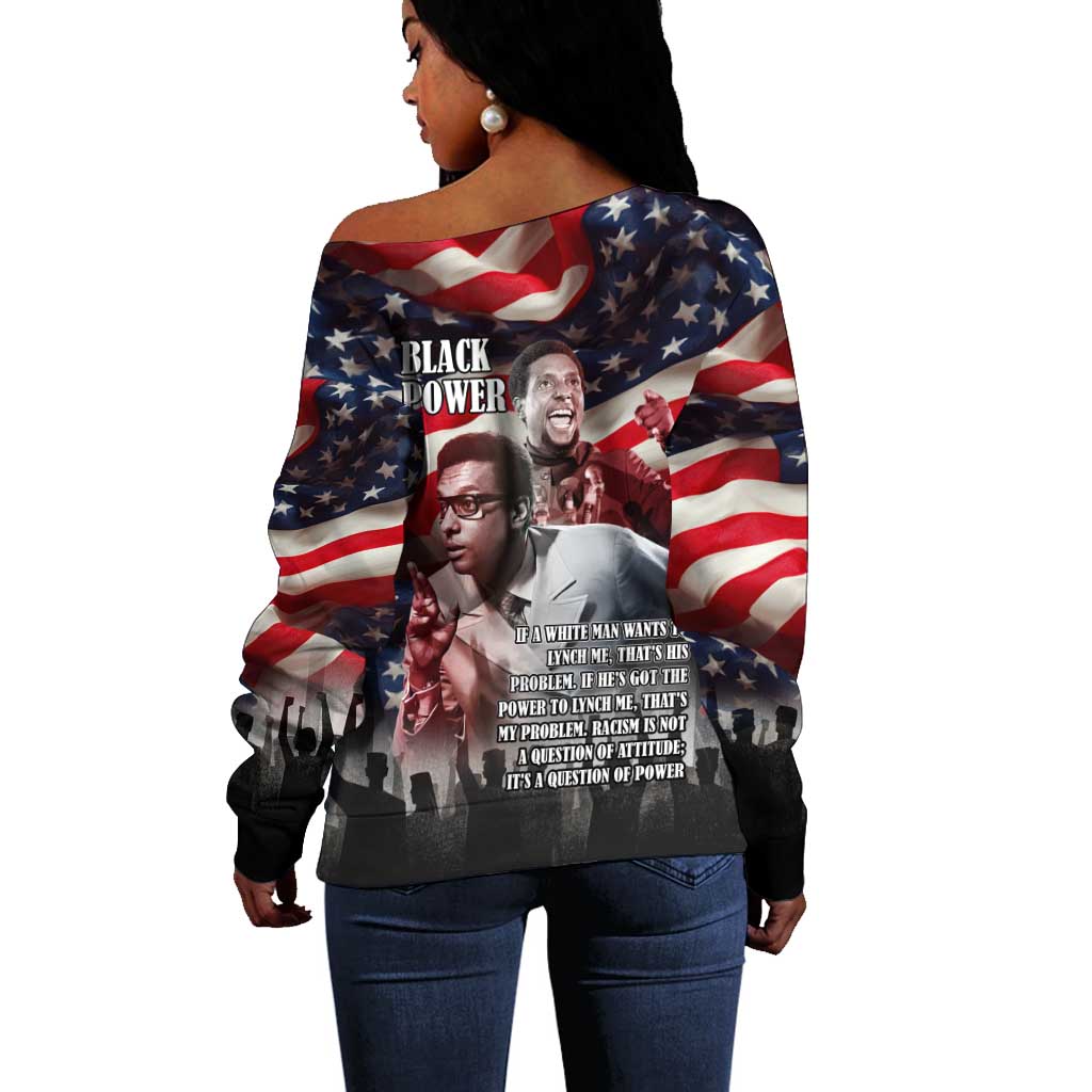 Stokely Carmichael Off Shoulder Sweater American Flag Background Black Power Quote Civil Rights Leader Powerful Speech - Wonder Print Shop