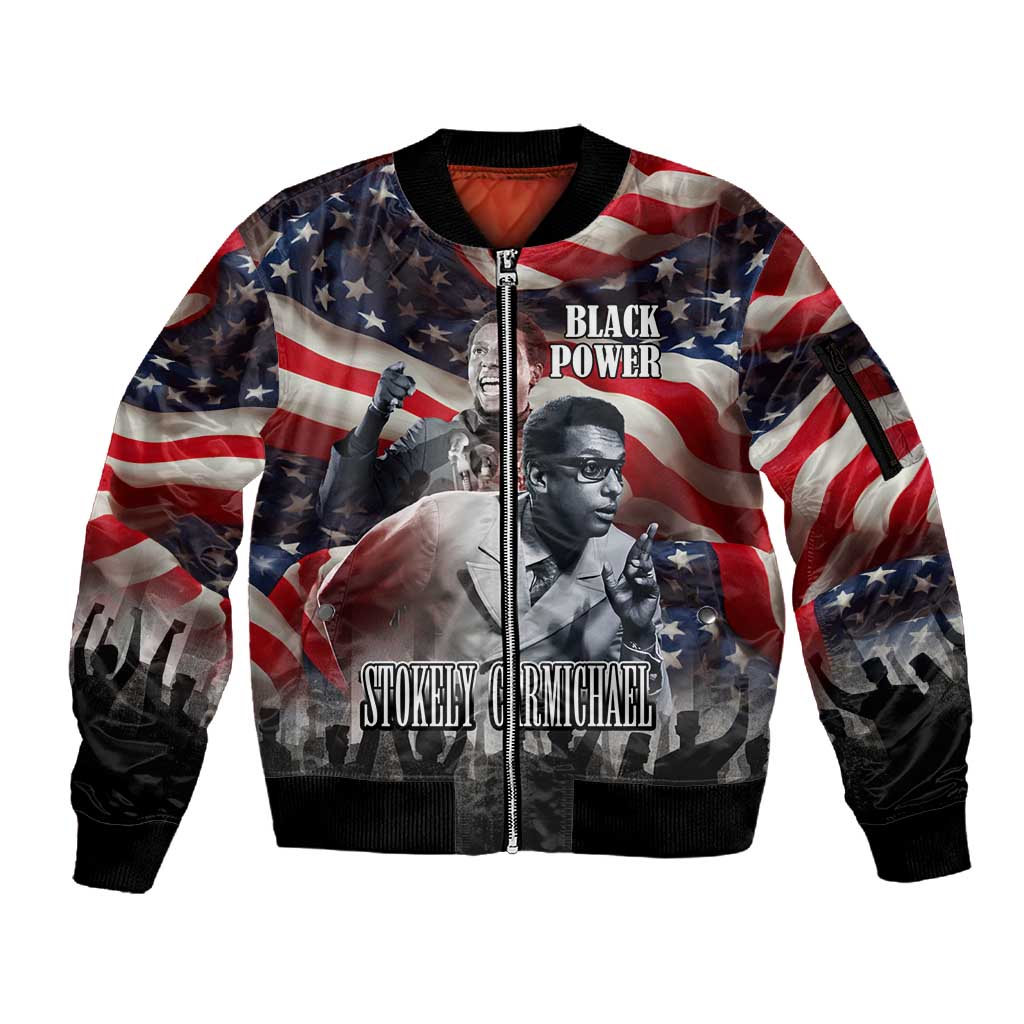 Stokely Carmichael Sleeve Zip Bomber Jacket American Flag Background Black Power Quote Civil Rights Leader Powerful Speech - Wonder Print Shop