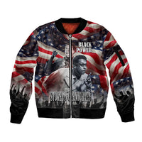 Stokely Carmichael Sleeve Zip Bomber Jacket American Flag Background Black Power Quote Civil Rights Leader Powerful Speech - Wonder Print Shop