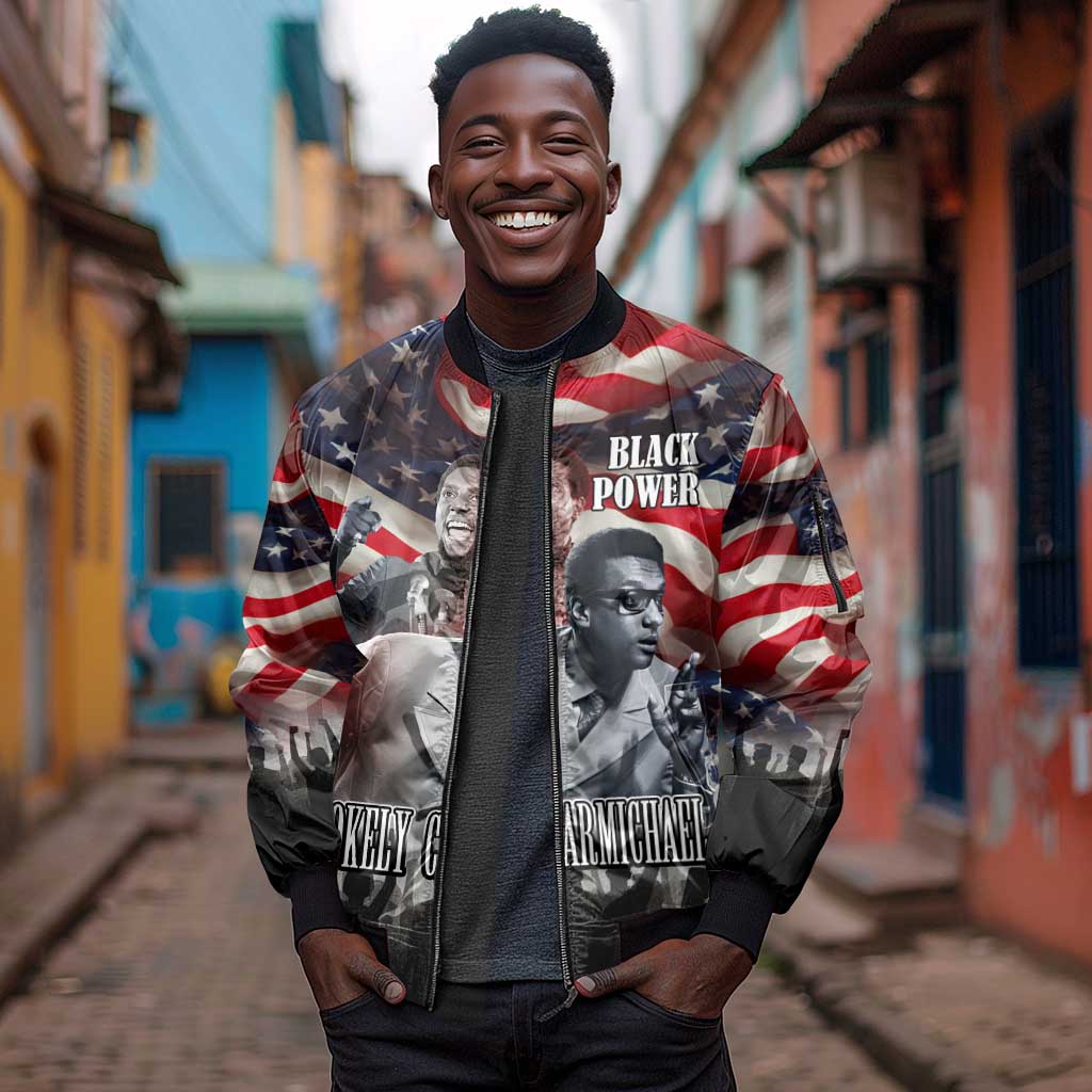 Stokely Carmichael Sleeve Zip Bomber Jacket American Flag Background Black Power Quote Civil Rights Leader Powerful Speech - Wonder Print Shop