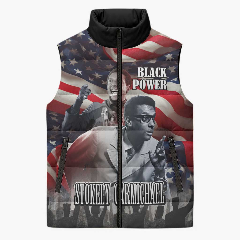 Stokely Carmichael Sleeveless Puffer Jacket American Flag Background Black Power Quote Civil Rights Leader Powerful Speech - Wonder Print Shop