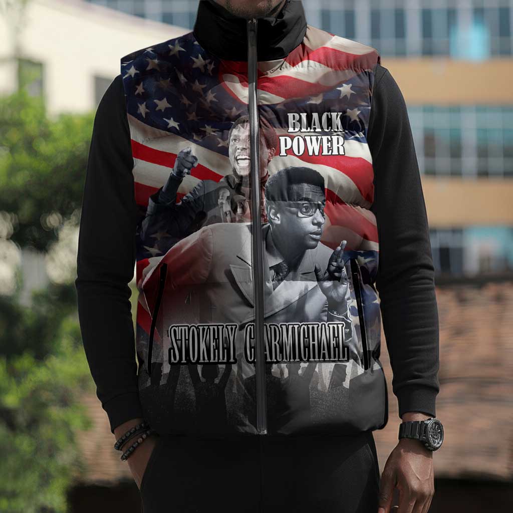 Stokely Carmichael Sleeveless Puffer Jacket American Flag Background Black Power Quote Civil Rights Leader Powerful Speech - Wonder Print Shop