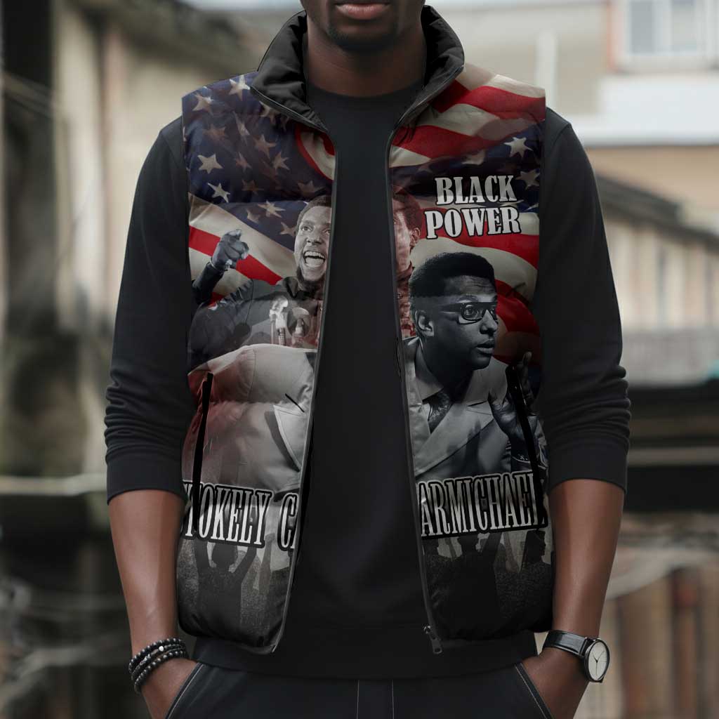 Stokely Carmichael Sleeveless Puffer Jacket American Flag Background Black Power Quote Civil Rights Leader Powerful Speech - Wonder Print Shop