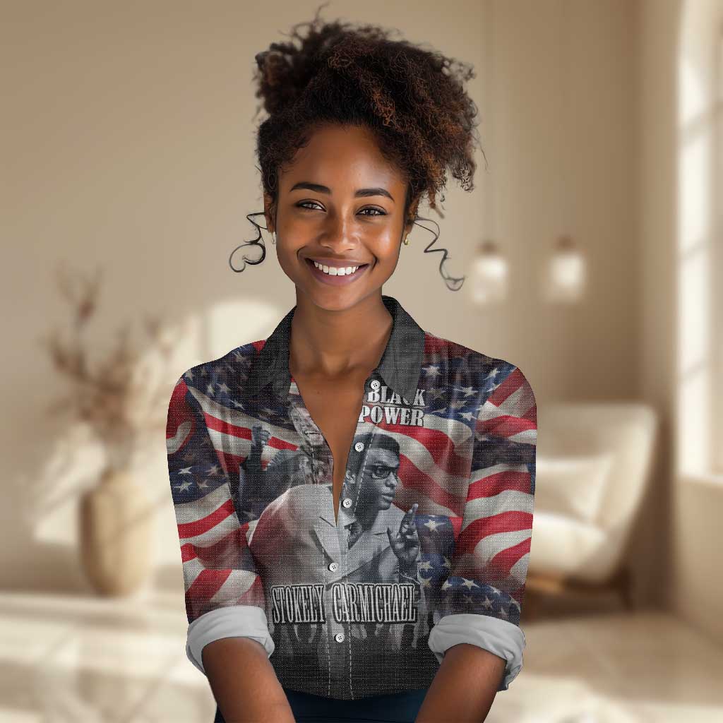 Stokely Carmichael Women Casual Shirt American Flag Background Black Power Quote Civil Rights Leader Powerful Speech - Wonder Print Shop