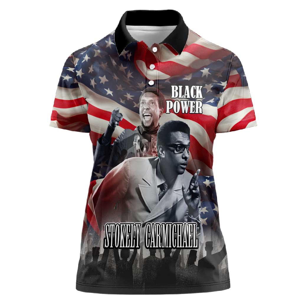 Stokely Carmichael Women Polo Shirt American Flag Background Black Power Quote Civil Rights Leader Powerful Speech - Wonder Print Shop
