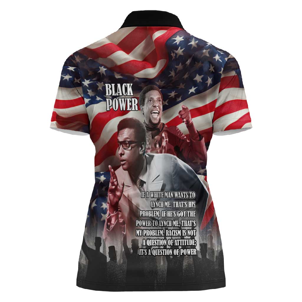 Stokely Carmichael Women Polo Shirt American Flag Background Black Power Quote Civil Rights Leader Powerful Speech - Wonder Print Shop
