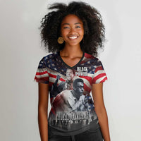 Stokely Carmichael Women V-Neck T-Shirt American Flag Background Black Power Quote Civil Rights Leader Powerful Speech - Wonder Print Shop