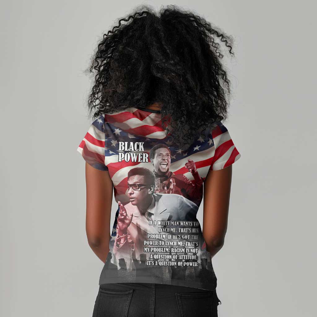 Stokely Carmichael Women V-Neck T-Shirt American Flag Background Black Power Quote Civil Rights Leader Powerful Speech - Wonder Print Shop